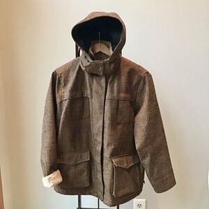 Woolrich Tweed Jacket Removable Hood Faux Fur Lined Snow Ski Zip Snap 15075‎